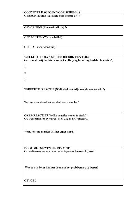 COGNITIEF DAGBOEK VOOR SCHEMA S Schematherapie COGNITIEF DAGBOEK VOOR SCHEMA S Schematherapie