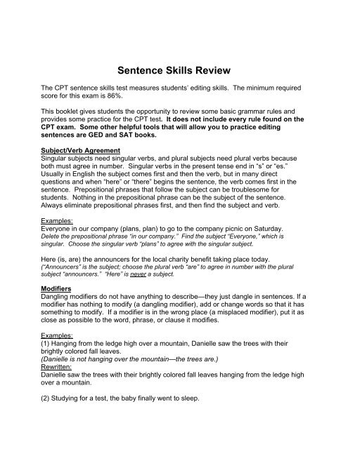 Sentence Skills Review Sentence Skills Review