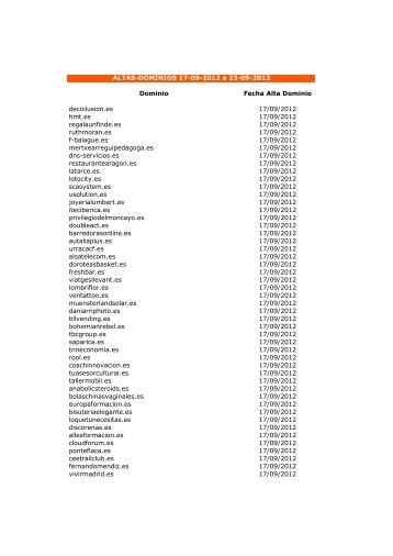 Dominio Fecha Alta Dominio decoilusion.es 17/09/2012 hmt.es 17 ...