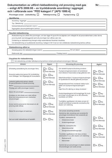 Dokumentation av utförd riskbedömning vid provning med gas Nr ...