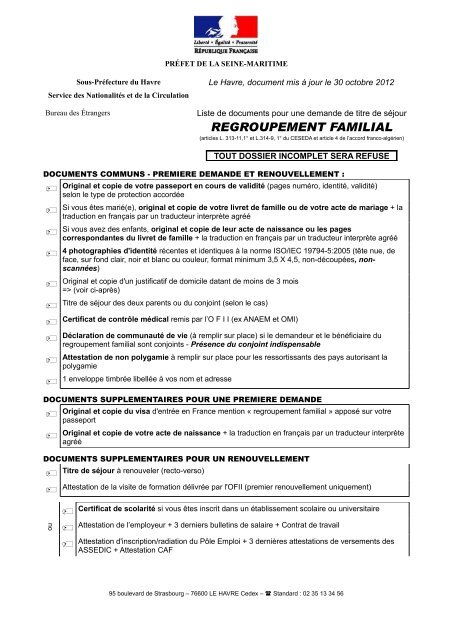 Liste Internet Regroupement familial - Préfecture de Seine-Maritime
