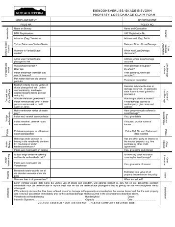 eiendomsverlies/-skade eisvorm property loss/damage claim form