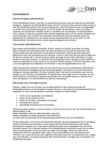 Sollicitatiebrief Van Dam Loopbaanbegeleiding