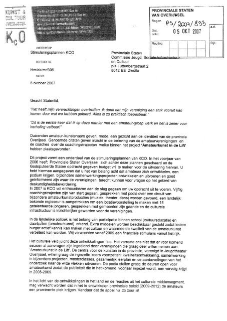 Brief Betreffende Stimuleringsplannen Van De Stichting Kunst
