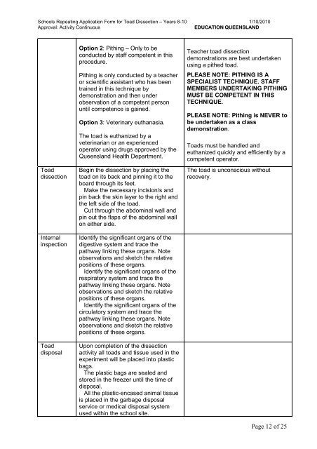 Toad Dissection for Years 8 to 10 - Education Queensland