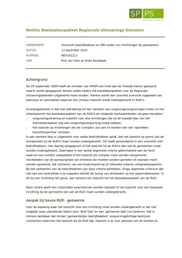 Notitie 'Basistakenpakket RUD' van SP PS - Omgevingsdienst NL