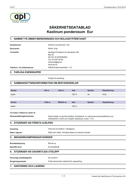 SÄKERHETSDATABLAD Kaolinum ponderosum Eur - Apoteket