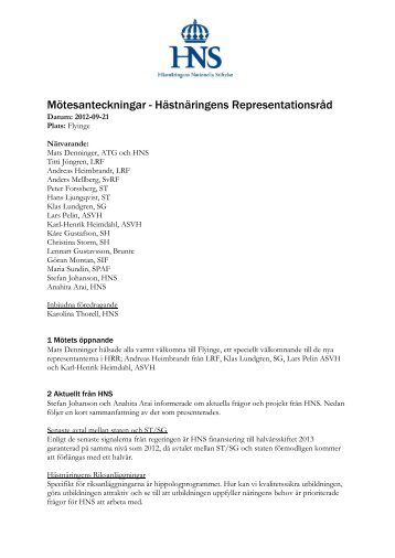 Möte 21 september 2012 - Hästnäringens Nationella Stiftelse