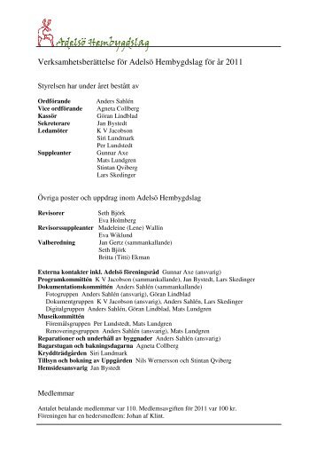 Verksamhetsberättelse för Adelsö Hembygdslag för år 2011