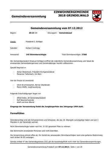 Protokoll der Gemeindeversammlung vom 7. Dezember 2012