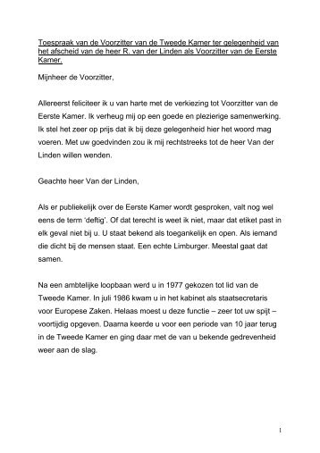 Toespraak afscheid Voorzitter Eerste Kamer - Tweede Kamer