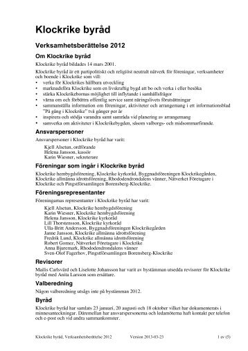 Verksamhetsberättelse 2012 - Klockrike