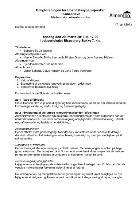 Referat 20. marts 2013 Ekstraordinært afdelingsmøde - Almenbo