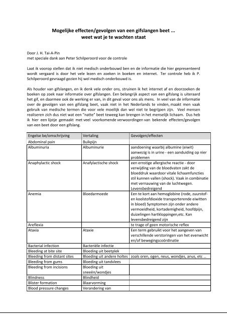 Mogelijke effecten/gevolgen van een gifslangen beet ... weet ... - DGL