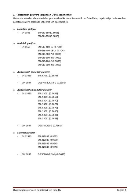 Overzicht standaard materialen / legeringen - Gieterij Bennink & ten ...