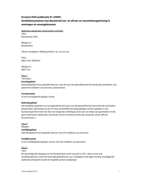 Erratum ISSO-publicatie 91 (2009): Ventilatiesystemen met ...