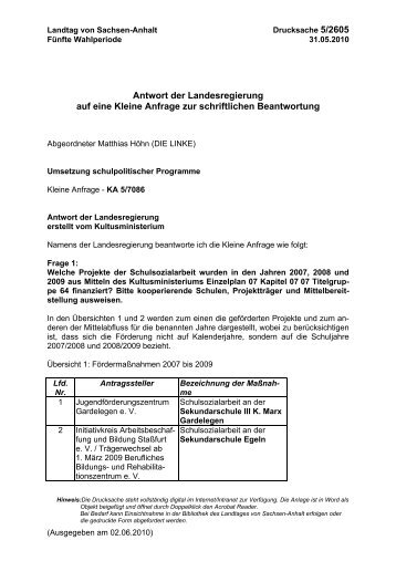 Antwort der Landesregierung auf eine Kleine Anfrage zur ...