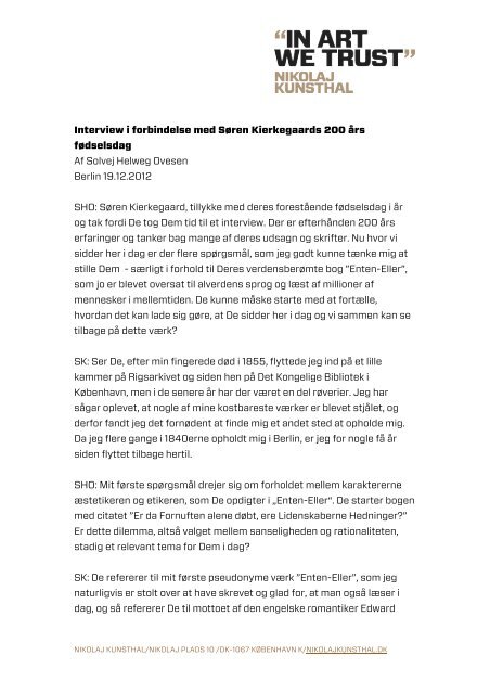 Interview i forbindelse med Søren Kierkegaards ... - Nikolaj Kunsthal