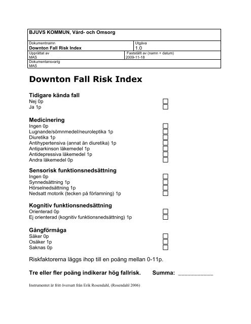 Downton Fall Risk Index - Bjuvs kommun