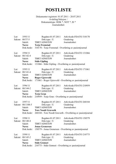 Postliste - Del II - TBRT.no