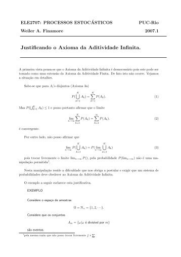 Justificando o Axioma da Aditividade Infinita. - Cetuc - PUC-Rio