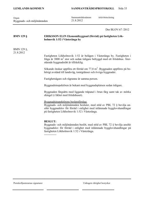 Byggnads- och miljönämndens protokoll 21 augusti 2012