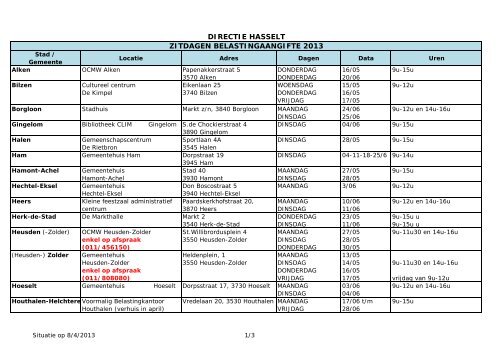 DIRECTIE HASSELT ZITDAGEN BELASTINGAANGIFTE 2013