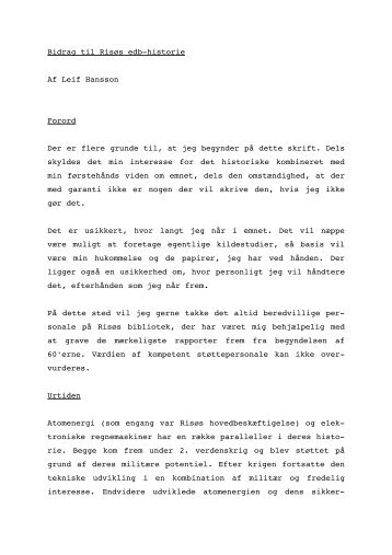 Bidrag til Risøs edbhistorie Af Leif Hansson Forord Der er flere ...