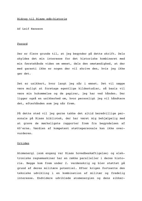 Bidrag til Risøs edbhistorie Af Leif Hansson Forord Der er flere ...