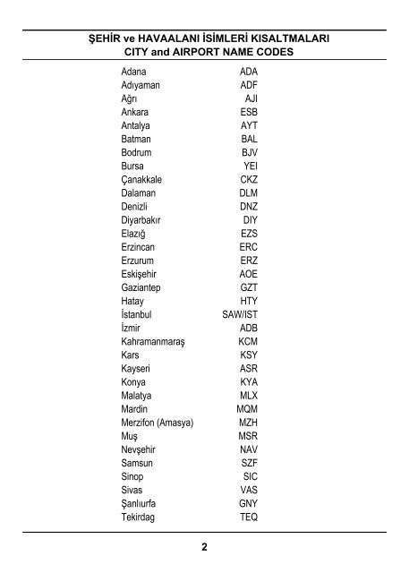 2 ŞEHİR ve HAVAALANI İSİMLERİ KISALTMALARI ... - Turkish Airlines