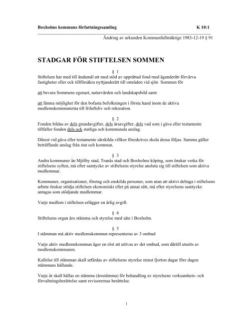 STADGAR FÖR STIFTELSEN SOMMEN - Boxholm kommun