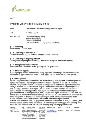 Styrelseprotokoll nr 7 2012-08-15 - Sandareds Intresseförening