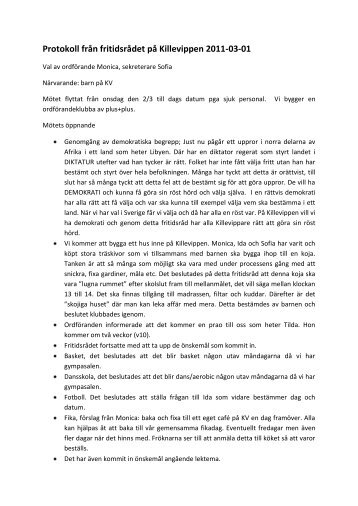 Protokoll från fritidsrådet på Killevippen 2011-03-01