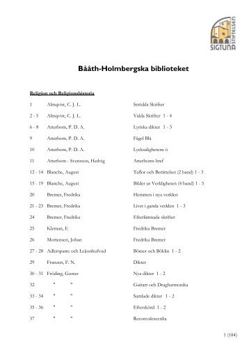Förteckning över Bååth-Holmbergs bibliotek - Sigtunastiftelsen