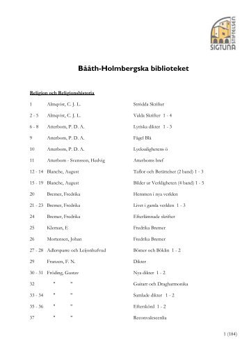 Förteckning över Bååth-Holmbergs bibliotek - Sigtunastiftelsen