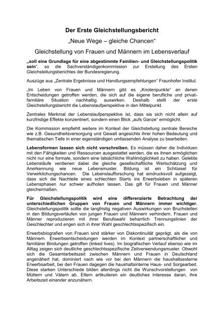 Der Erste Gleichstellungsbericht Geschlechter Demokratie
