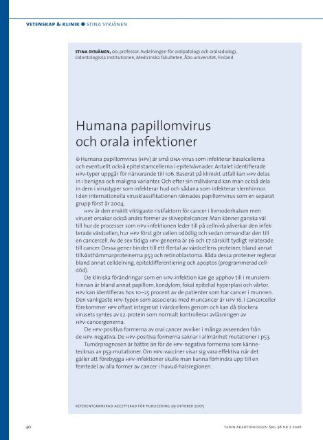 Humana papillomvirus och orala infektioner - Tandläkartidningen