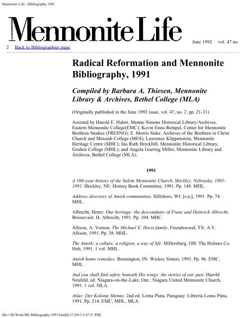 Mennonite Life - Bibliography 1991 - Mennonite Life - Bethel College