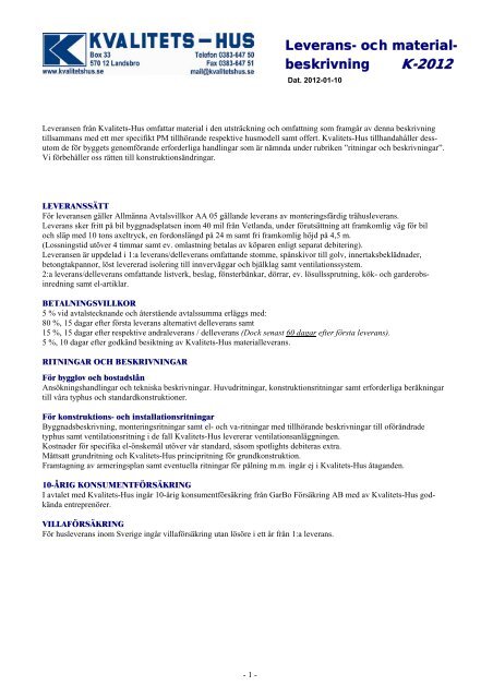 Leverans- och materialbeskrivning K-2012 - Kvalitets-Hus