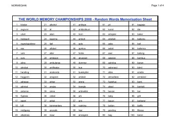 Random Words Memorisation Sheet - World Memory Sports Council