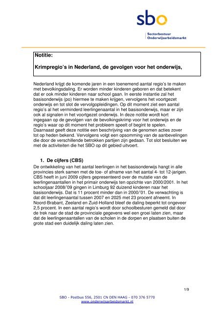 Notitie - sbo Sectorbestuur Onderwijsarbeidsmarkt