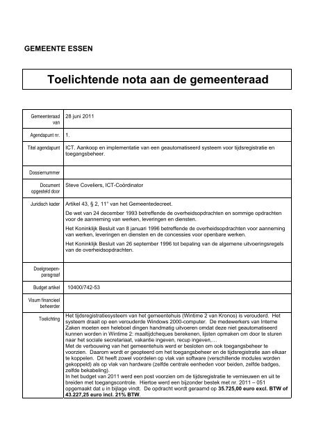 Toelichtende nota aan de gemeenteraad - Gemeente Essen