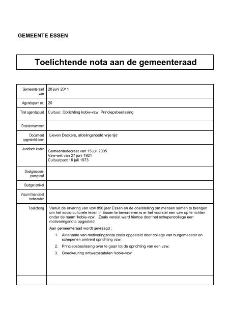 Toelichtende nota aan de gemeenteraad - Gemeente Essen