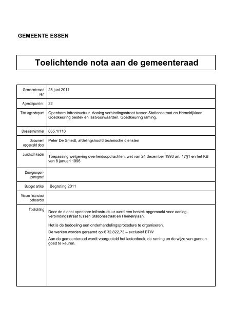 Toelichtende nota aan de gemeenteraad - Gemeente Essen