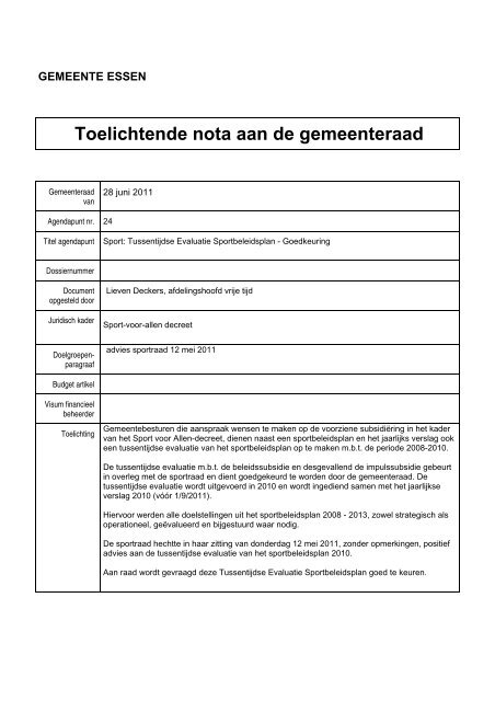 Toelichtende nota aan de gemeenteraad - Gemeente Essen