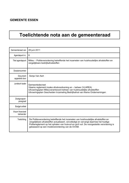 Toelichtende nota aan de gemeenteraad - Gemeente Essen