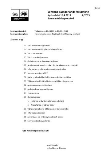Kyrkorådets protokoll 16.4.2013 - Lemland-Lumparlands församling