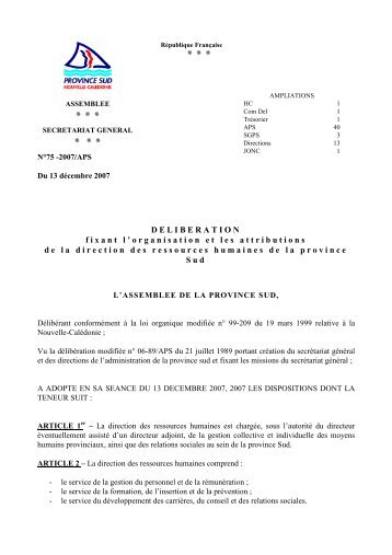 DELIBERATION fixant l'organisation et les ... - Province sud