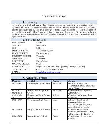 1. Summary 2. Personal Details 3. Academic Profile - Zoom Tanzania