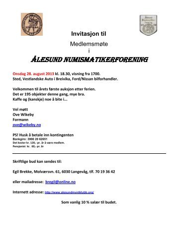 28. august - Ålesund Numismatikerforening